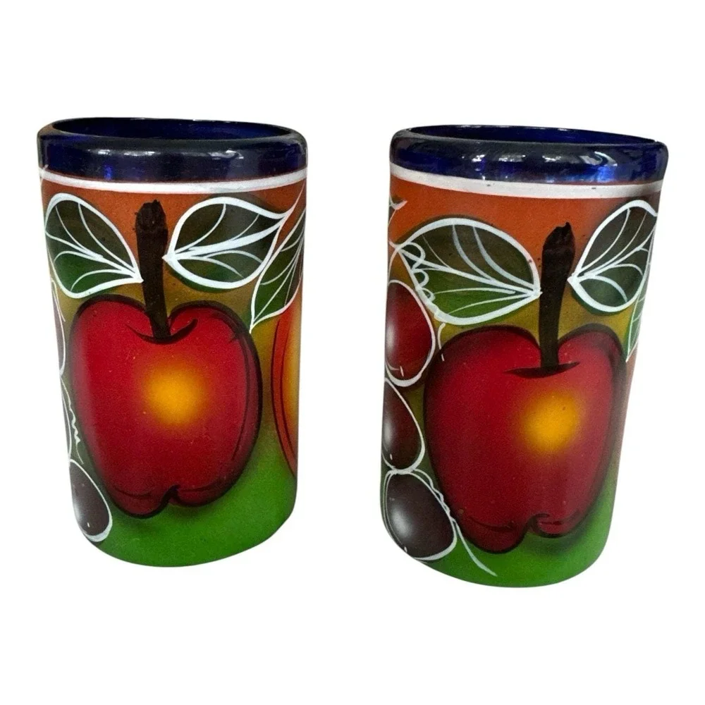Vintage Mexican Hand Blown Painted Fruit Glass Tumblers Cobalt Blue Rim Set